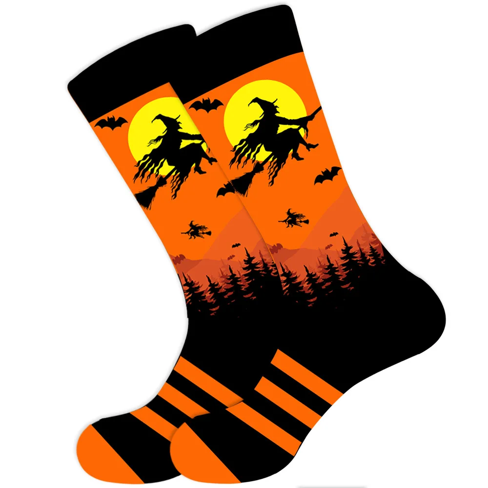 Halloween Witch Socks Comfortable Cotton Socks for Men and Women Bat Pumpkin Scarecrow Mid-calf Socks