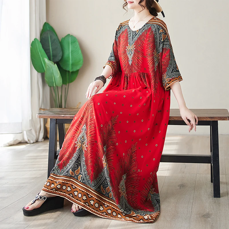 

Богемное длинное платье с рукавом до локтя, круглым вырезом, из хлопка и льна, летнее, с простым цветочным принтом, свободного кроя, женская одежда