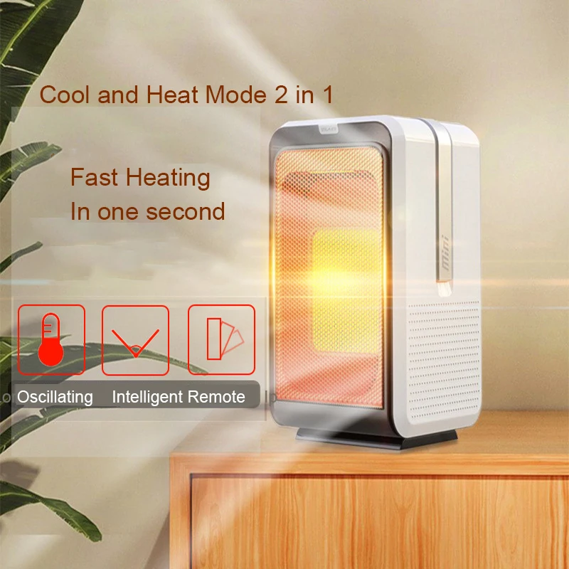 Mini Portable 1000W Fast Heating Electic Heater with Remote Overheat Tip-Over Timing Protection Heating and Cooling 2 IN1