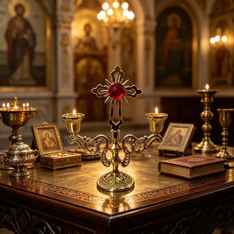 Luxuriöser, vergoldeter orthodoxer Dreiflammiger Kreuzleuchter mit großem farbigem Kristall-Edelstein, floral geschnitztem, hohlem Sockel für den Kathedralenaltar. – Detail 5