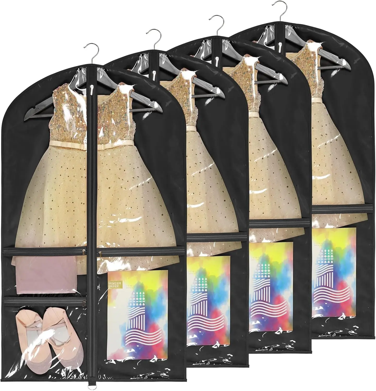 

40 Inch Hanging Dance Costume Bag with 3 Clear Zipper Pockets, Black, 4 Pack for Competitions and Storage