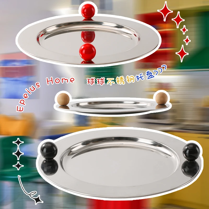 

30CM Round Stainless Steel Tray Creative Silver Bowls Ceramic Spherical Handle Snack Fruit Storage Tray Restaurant Display Plate