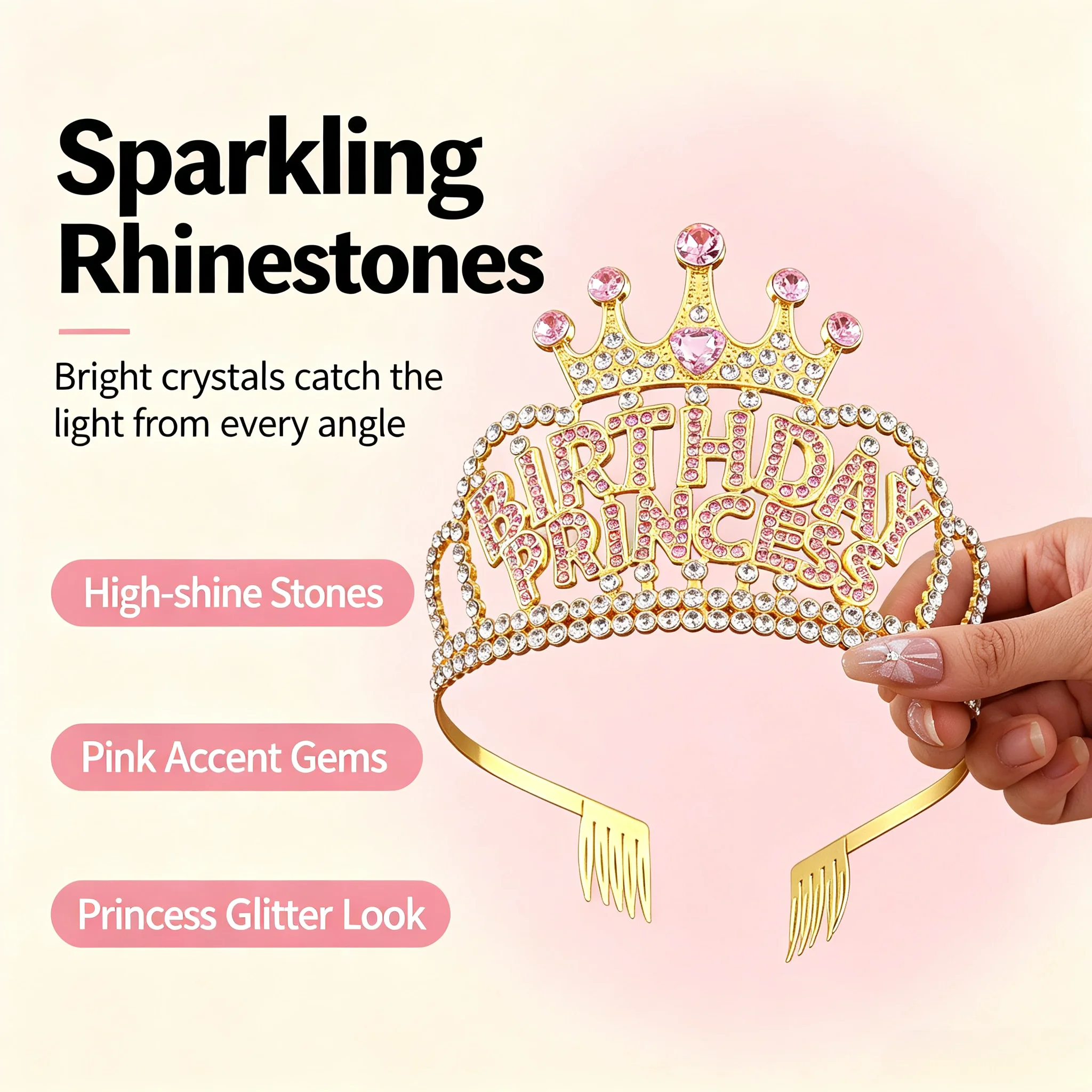 Birthday Princess Pink Rhinestone Tiara Crown with Hair Comb, Alloy Rhinestone Headband, Girls Birthday Party Hair Accessory, 18