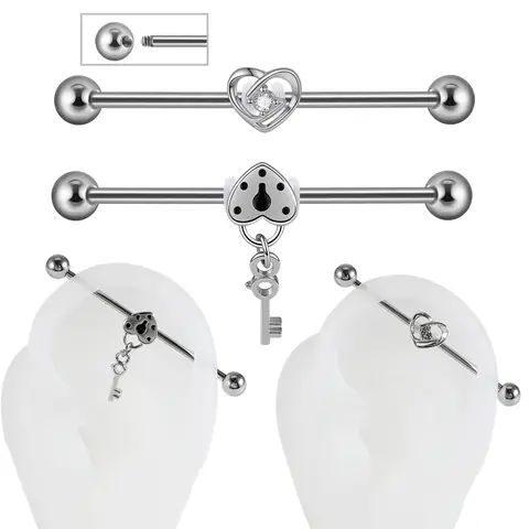 1/2PCS CZ Heart Lock&Key Hang Ear Industry Barbell Stud Surgical Steel Double Hole Lobe Helix Earring Piercing Bodyjewelry