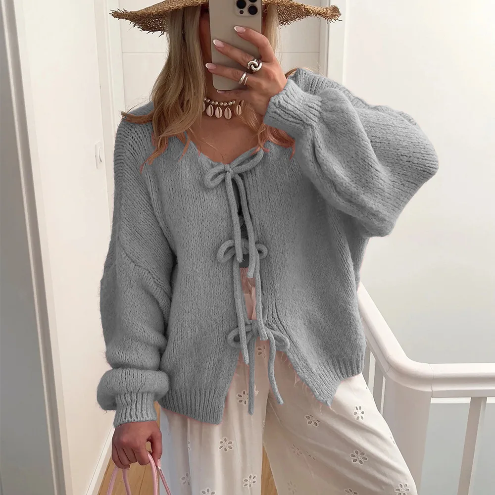 

2025 Women Autumn Solid Round Neck Lace Up Sweaters Cardigan Lady Winter Splice Knit Straight Jumpers Casual Long Sleeve Office
