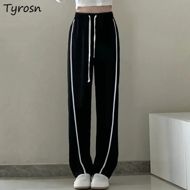 

Черные повседневные брюки, женские дизайнерские теплые толстые прямые брюки со вставками, уличные бегуны на шнурке, свободные брюки для мытья полов Mujer