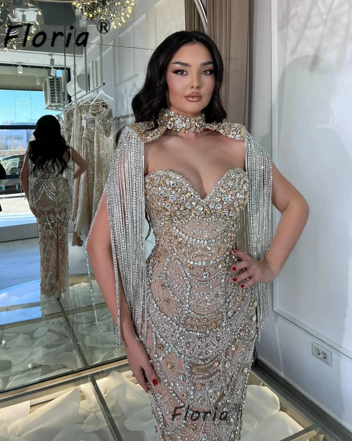 Heavy Beads Couture Mermaid Evening Dresses With Long Tassels Stunning Crystal Stones Celebrity Party Gowns Wedding Guest Robes