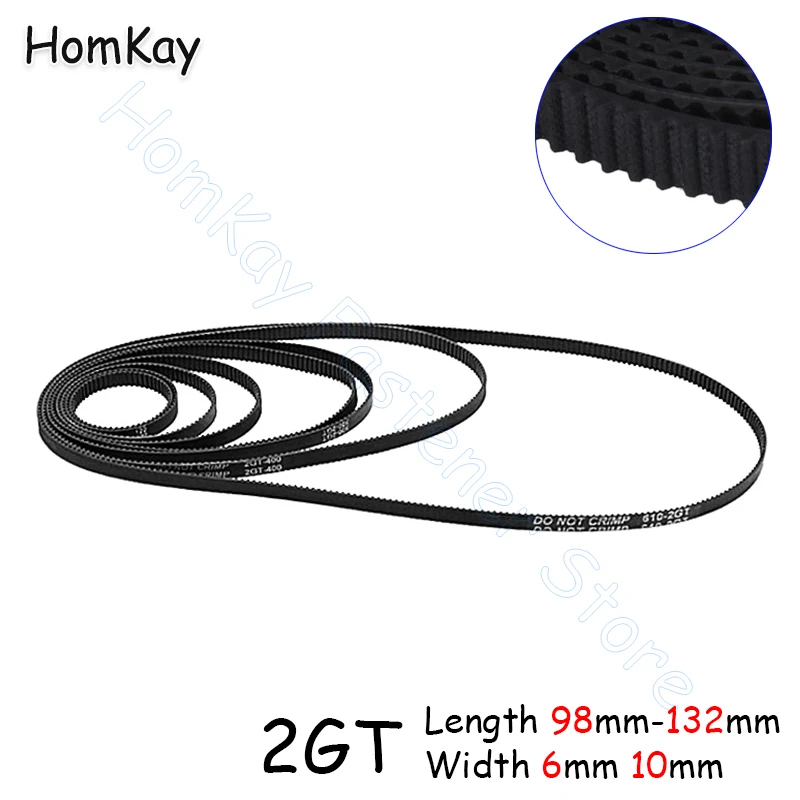 2GT Synchronous Timing Belt GT2 2M Rubber Closed Pitch 2mm Length 98mm 102 110 112 120 122 124 126 128 130 132mm width 6mm 10mm