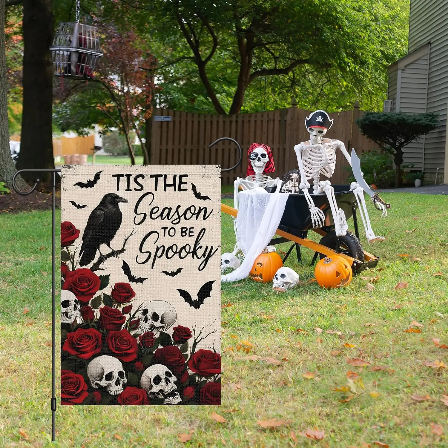 Halloween Garden Flag 12x18 Inch Double Sided Outside, Skull Floral Rose Crow Tis The Season To Be Spooky Holiday Yard Outdo xxl