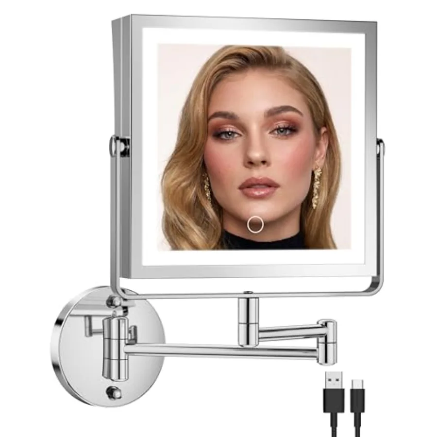 

Rechargeable Wall Mounted Makeup Mirror with Lights, 4000mAh Double Sided 1X/10X Magnifying Vanity Mirror with 3 Color Lights,