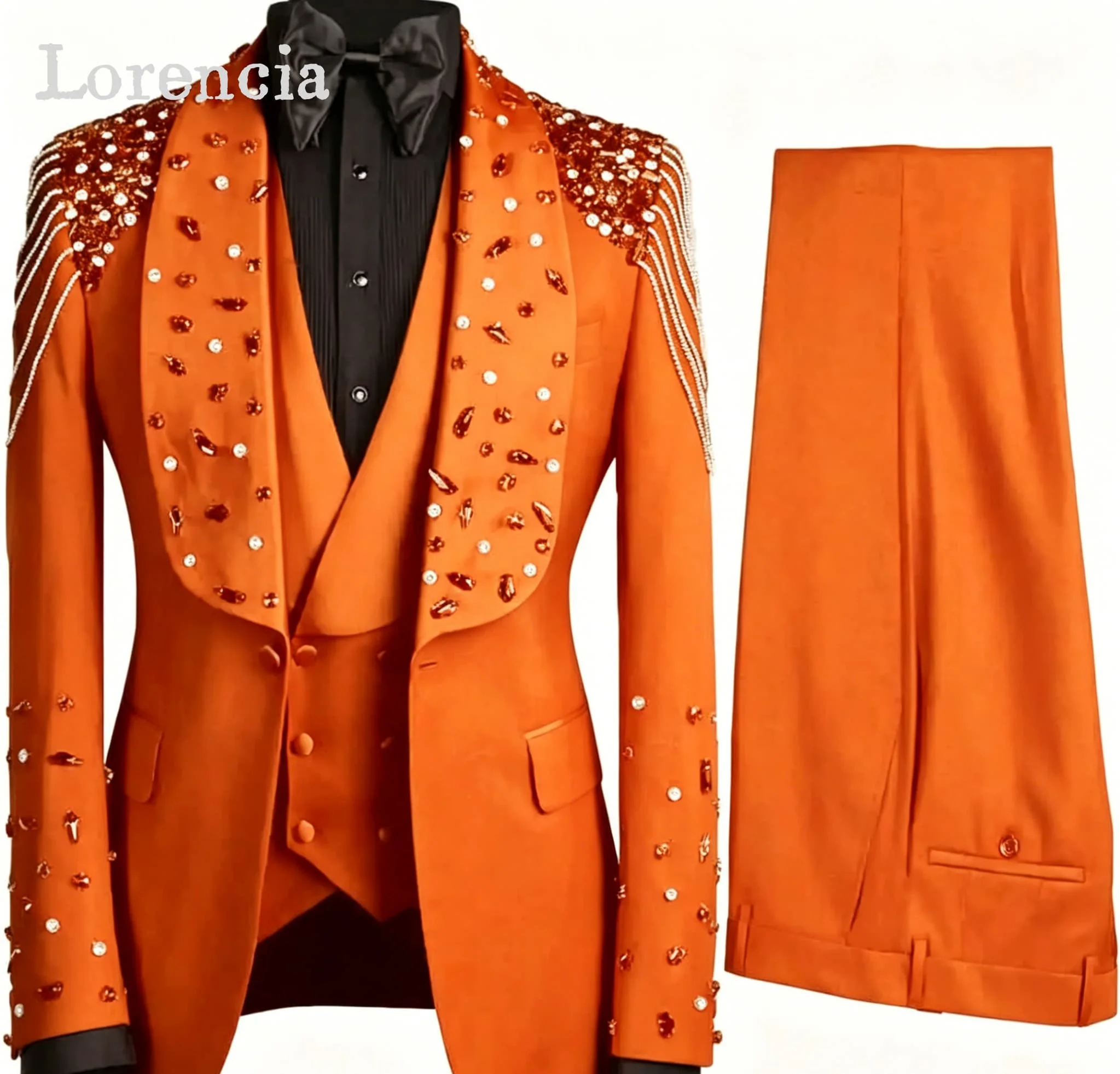 Luxury Crystals Beaded Lapel Men Suits 3 Pieces Sets Groom Wedding Tuxedos Customized Slim Fit Male Prom Blazer costume homme