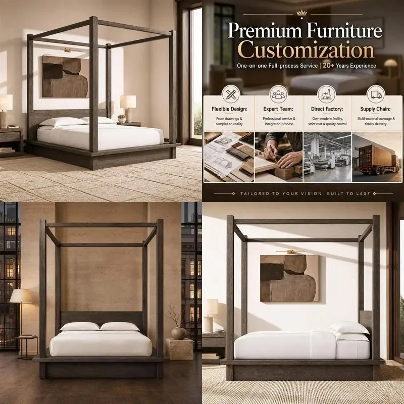 American California King Large Heavy Duty Antique Alaska King Walnut Four Post Wooden Canopy Bed Frame