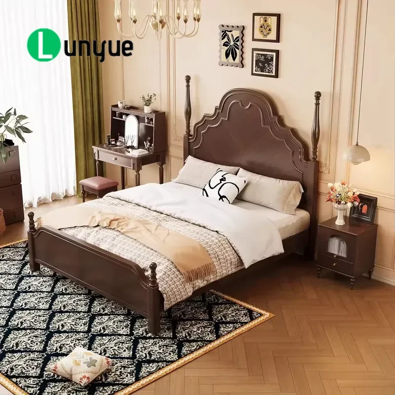 Solid Wood Bed American Retro Style Simple Elegant Family Bedroom Furniture Durable Daily Use Comfortable Sleeping Platform
