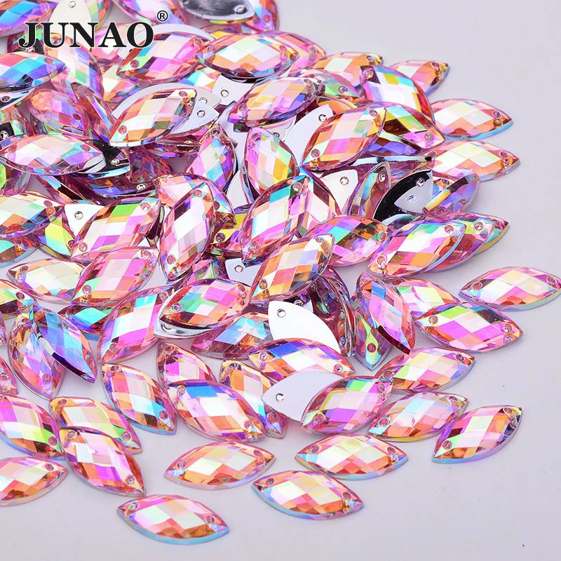 JUNAO 500pcs 7*15mm Sewing Gold Rhinestones Appliques Flat Back Acrylic Horse Eye Crystal Stone Sew On Strass for Clothes