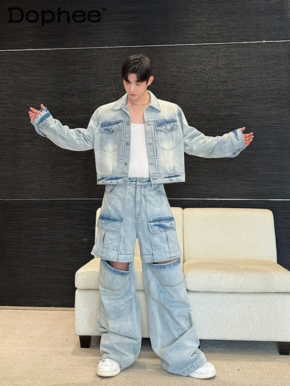 

2024 Autumn New Denim Men's Sets Trendy Male High-end Lapel Long Sleeve Denim Jackets Removable Overalls Trendy Two-piece Sets