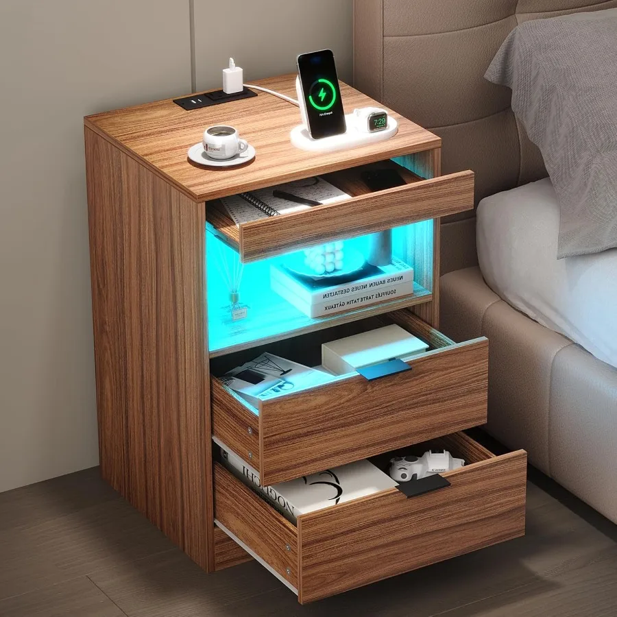 Mesita de noche moderna con iluminación LED y estación de carga integrada, mesa auxiliar con acabado de madera y dos estantes extraíbles
