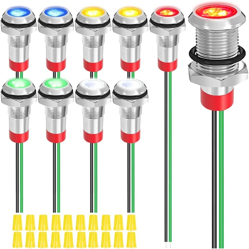 10Pcs 8Mm AC 110V 120V 220V 20Ma Red/Yellow/Blue/Green/White LED Indicator Light Waterproof Metal Indicator Signal Lamp