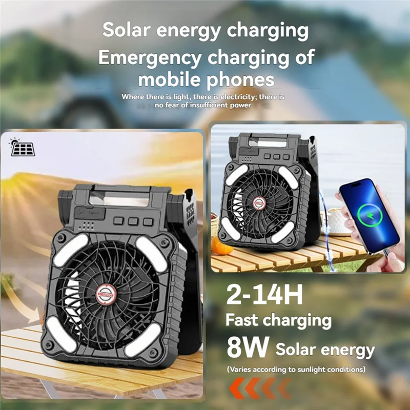 مروحة متعددة الوظائف تعمل بالطاقة الشمسية مع ضوء للتخييم - وحدة إعادة شحن محمولة - A77G