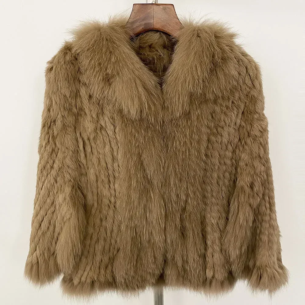 2025 femmes hiver réel manteau de fourrure de lapin col de renard naturel tricoté châle veste de fourrure 2025 hiver nouveau manteau de fourrure de lapin réel naturel