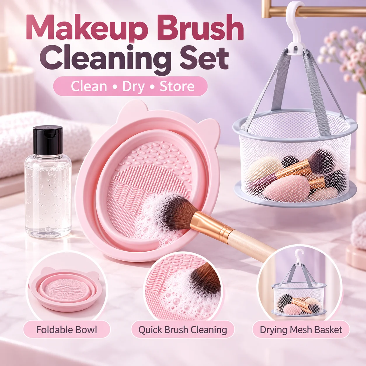 Foldable Makeup Brush Cleaning Bowl Set Silicone Brush Cleaner Mat Beauty Blender Sponge Washing Tool with Drying Net Basket
