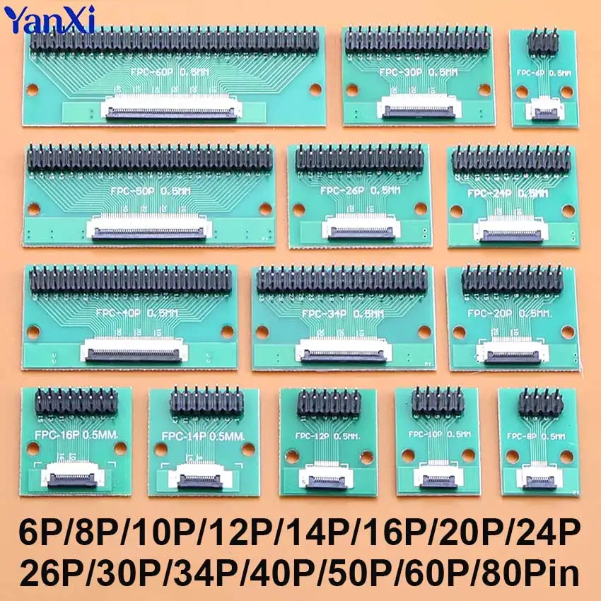 6/8/10/12/14/16/20/24/26/30/34/40/50/60/80Pin 0.5mm Pitch FFC FPC Connector To 2.54mm Double Row Straight Pins Adapter Board