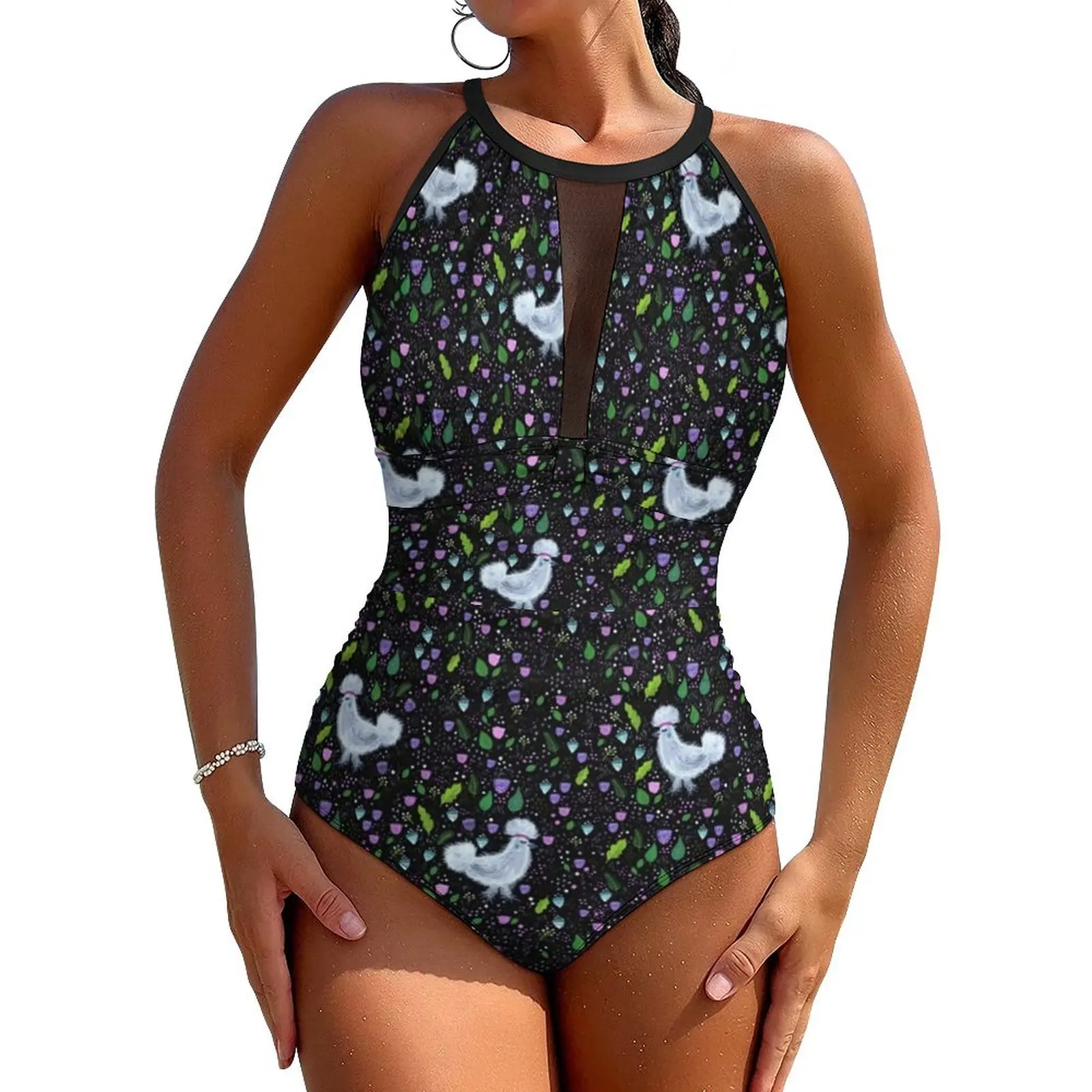 Farm Ranch Swimsuit Sexy Glam Chicken Print Women Swimwear One-Piece Stylish Swimsuits Holiday Rave Push Up Mesh Beachwear