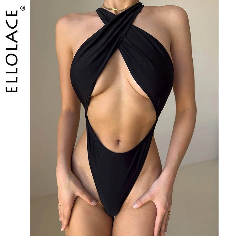 Ellolace Willowy Sexy Women's Swimsuit Elegant Cropped Halter High Waist Girls' Sets Cross Strap Padded Slim One Piece Beachwear