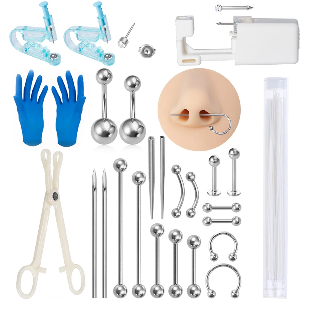 11/12Pcs Body Jewelry Piercing Kit Ear Lip Nose Tongue Cartilage Eyebrow Navel Piercing Insertion Pin Forceps Floss Tools Set