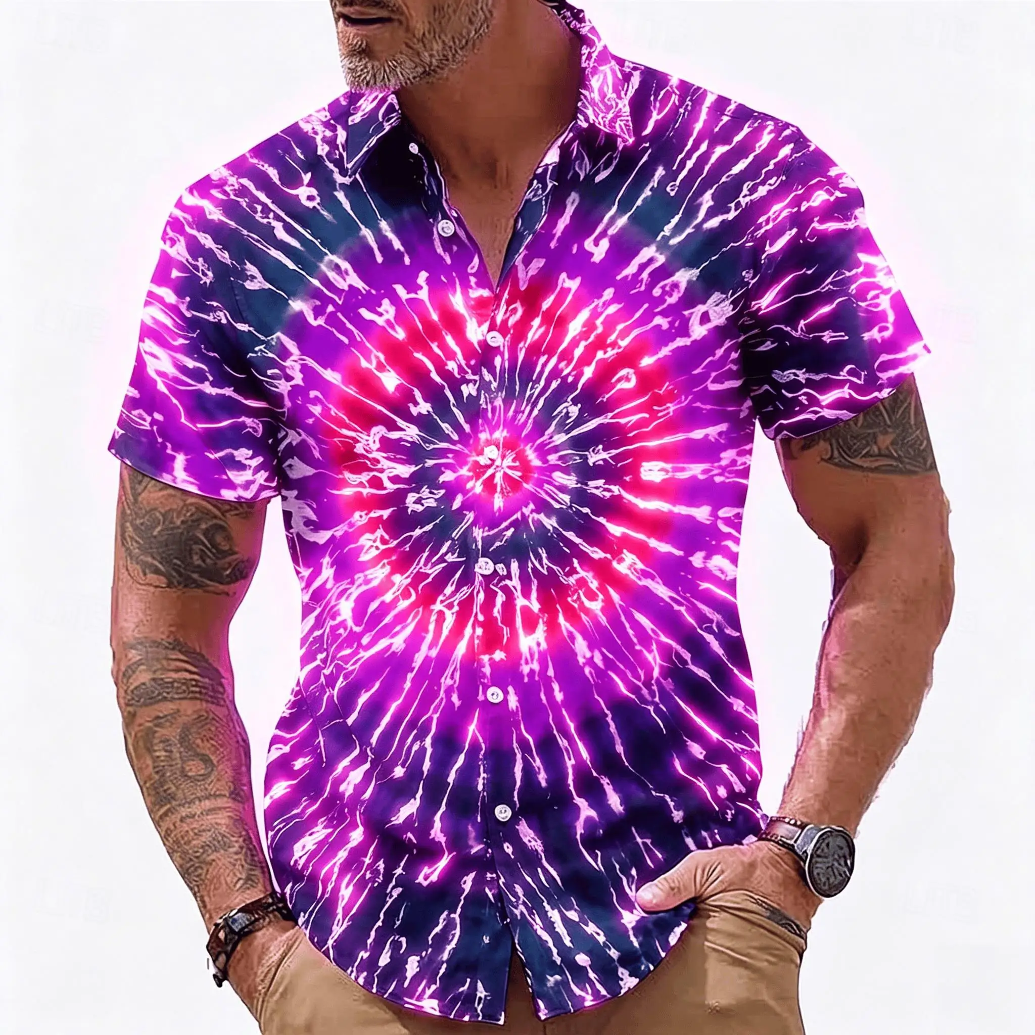 Men Short Sleeve Shirt Purple Pink Radial Tie Dye Print Lightweight Casual Summer Vacation Beach Street Style Mens Clothing