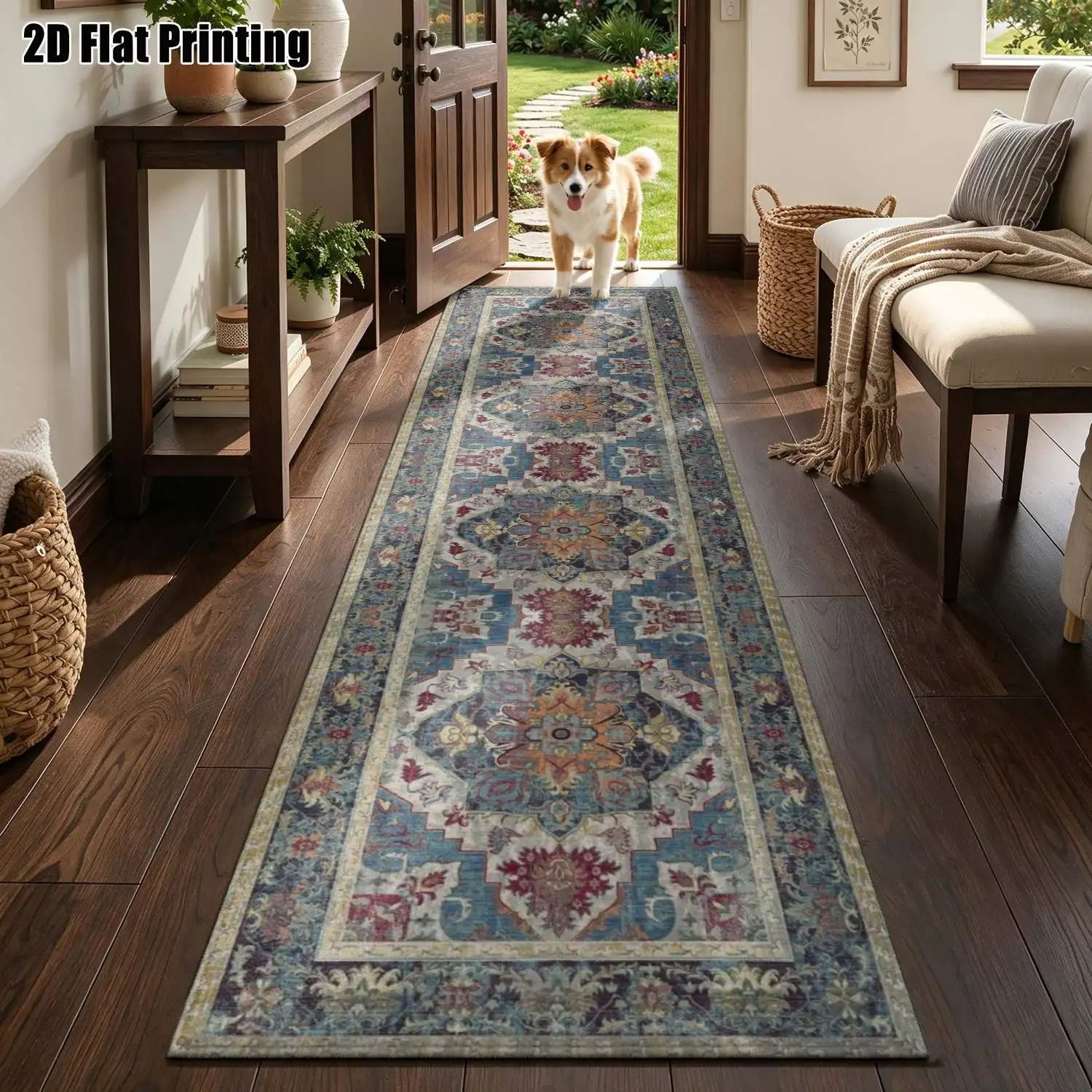 1Pc 2D Printed Long Strip Runner Carpet: Blue Red Floral Geometric Patterns, Retro/European/Bohemian Style, Machine Washable, Multi-Size, Suitable for Home Decor, for Entryway, Hallway, Living Room, Bedroom