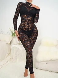 Elegant Lace Women Jumpsuits Black Long Sleeve O Neck See Through Skinny Rompers Sexy One Piece Nightclub Party Overalls