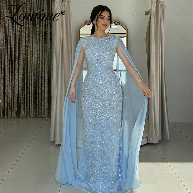 

Abendkleider Blue Mermaid Prom Dresses 2024 Customize Arabic Dubai Beaded Formal Evening Gowns For Women Cape Sleeve Party Dress