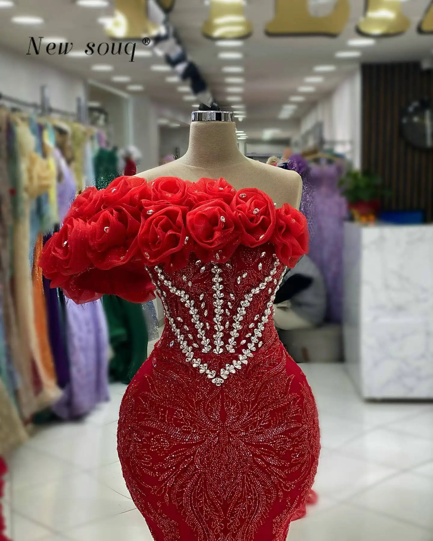 Red 3D Flowers One Shoulder Long Mermaid Evening Dresses with Silver Crystal Customized Formal Women\'s Wedding Night Party Gowns