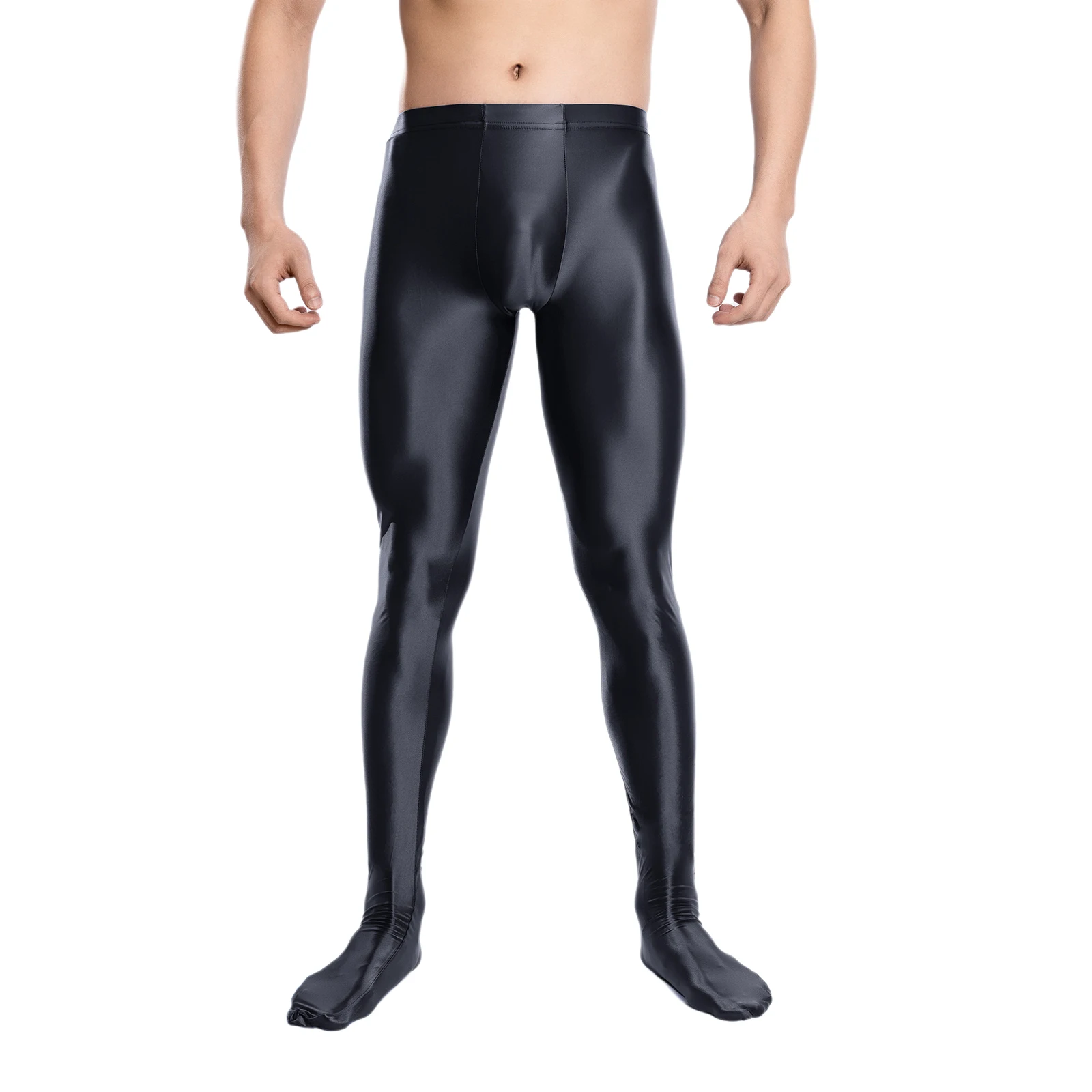 Elástico brilhante meia-calça masculina brilhante leggings cintura alta bulge bolsa calças com pés para esporte correndo cuecas