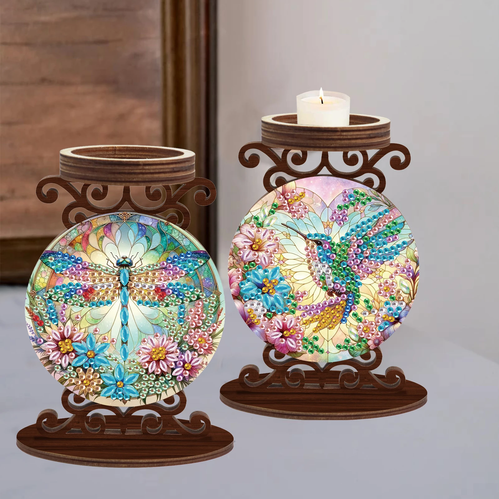 2Pcs Special shaped Diamond Painting Candlestick kits,Cute animals partial Diamond woodiness Candlesticks for Home decorate Gift