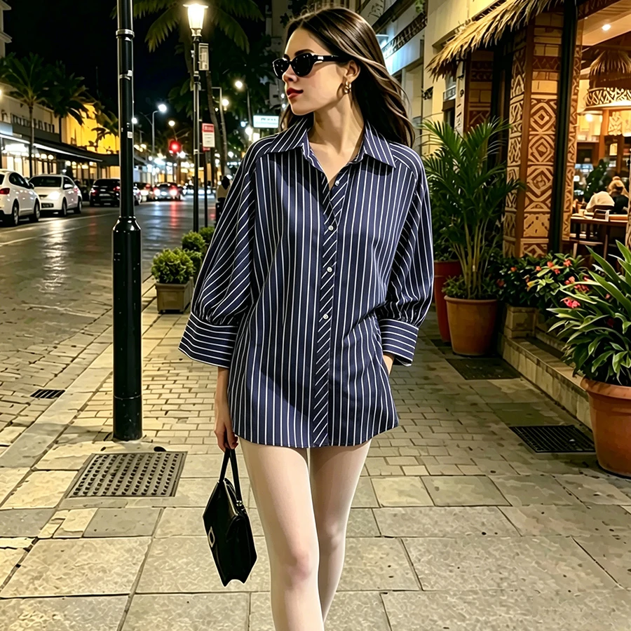 

Women Striped Loose Shirt For Women Casual Turndown Collar Single Breasted Long-sleeve Blouse New Summer Office Lady Shirts