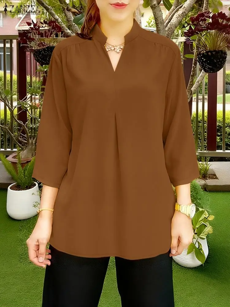 

ZANZEA 2022, осенние топы с v-образным вырезом и длинными рукавами, женская блузка, повседневная однотонная свободная рубашка, элегантные рабочие рубашки OL, женская сорочка большого размера