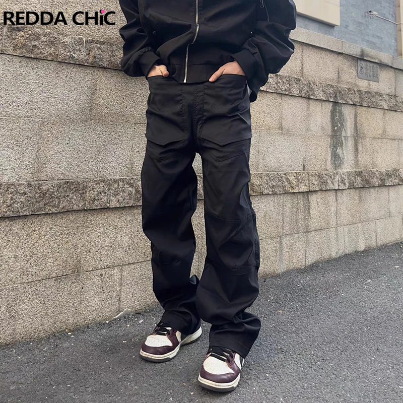 REDDACHIC Solid Pleated Big Pockets Black Cargo Pants Men Low Rise Casual Straight Wide Leg Sweatpants Retro High Street Clothes