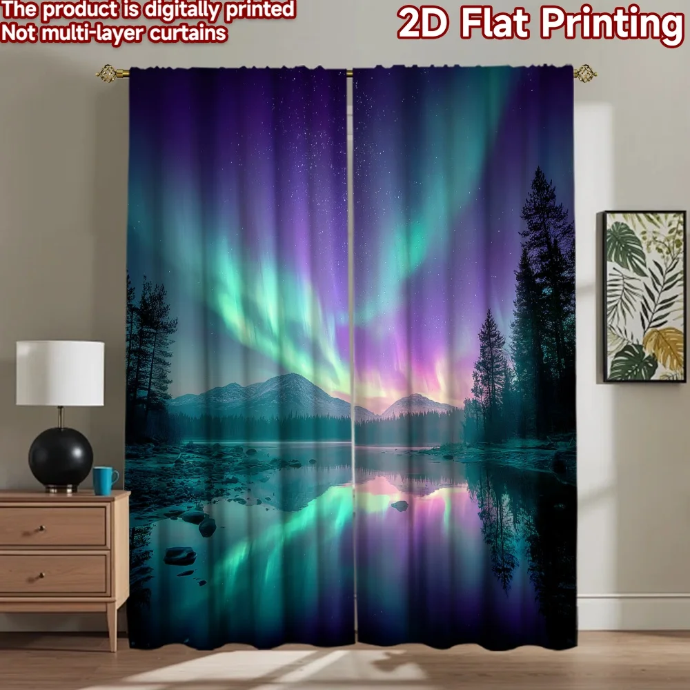 

2D flat printing 2pcs Window Treatment Curtains Aurora Night Lake Trees Digital Printed Polyester Drapes Birthday Party Use for