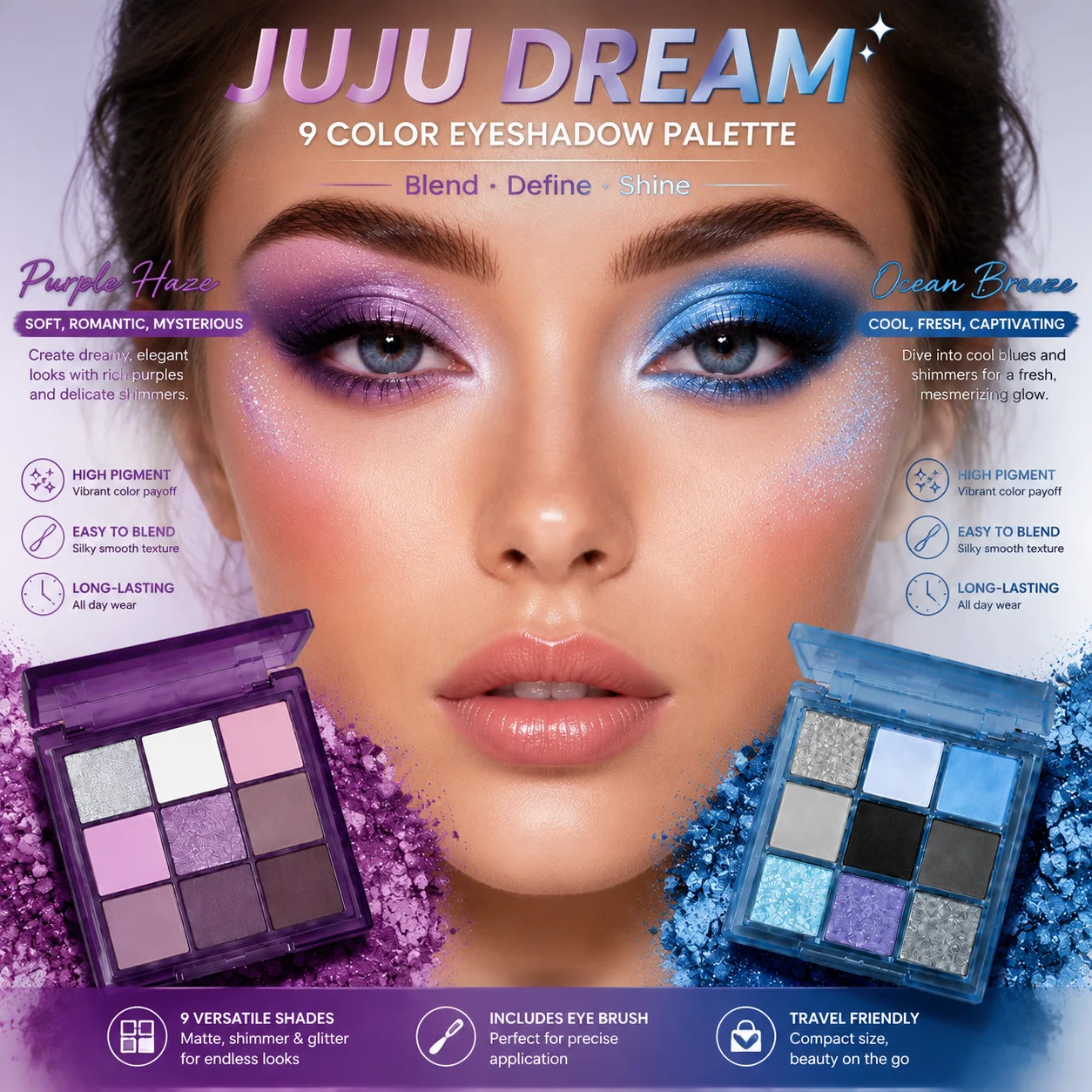 JUJU Dream Eyeshadow Palette Glitter Shimmer Matte Blue Purple Pigment Long Lasting Waterproof Eye Makeup