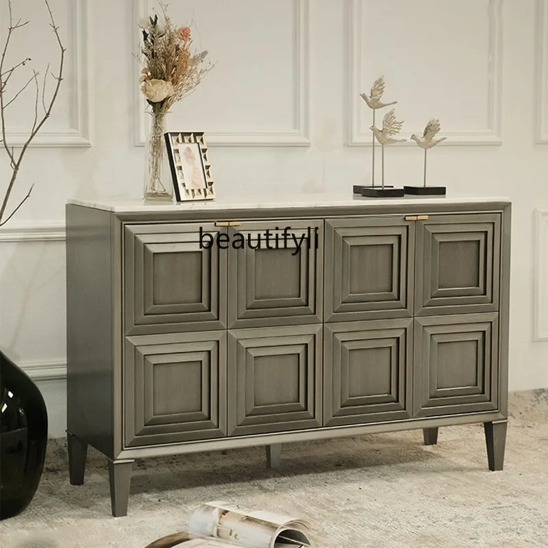 

American Light Luxury Solid Wood Entrance Cabinet Modern Minimalist Hallway Storage Cabinet Italian Style Marble Sideboard