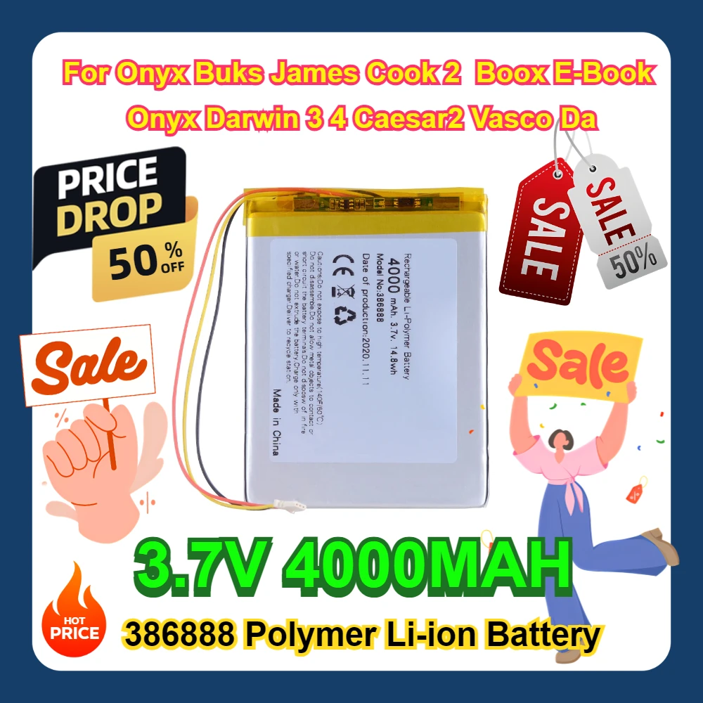 

For Onyx Buks James Cook 2 Boox E-Book Onyx Darwin 3 4 Caesar2 Vasco Da 386888 3.7V 4000MAH Polymer Li-ion Battery