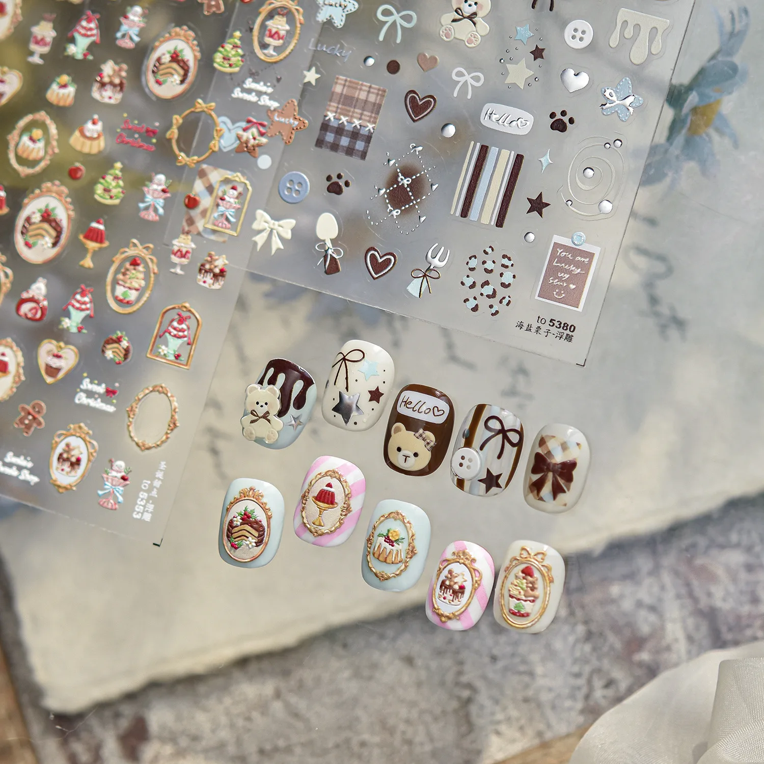 Ours nœud papillon crème glacée chocolat sucré gâteau nourriture pomme étoile bouton cadre grille Art auto-adhésif Nail Art autocollant manucure décalcomanies