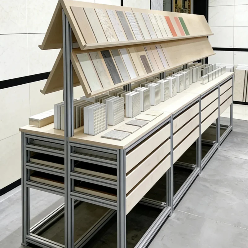 custom.Customizable LED Lighting Stone Display Rack Aluminum Frame Tile Showroom Cabinet Drawers Quartz Marble Exhibi