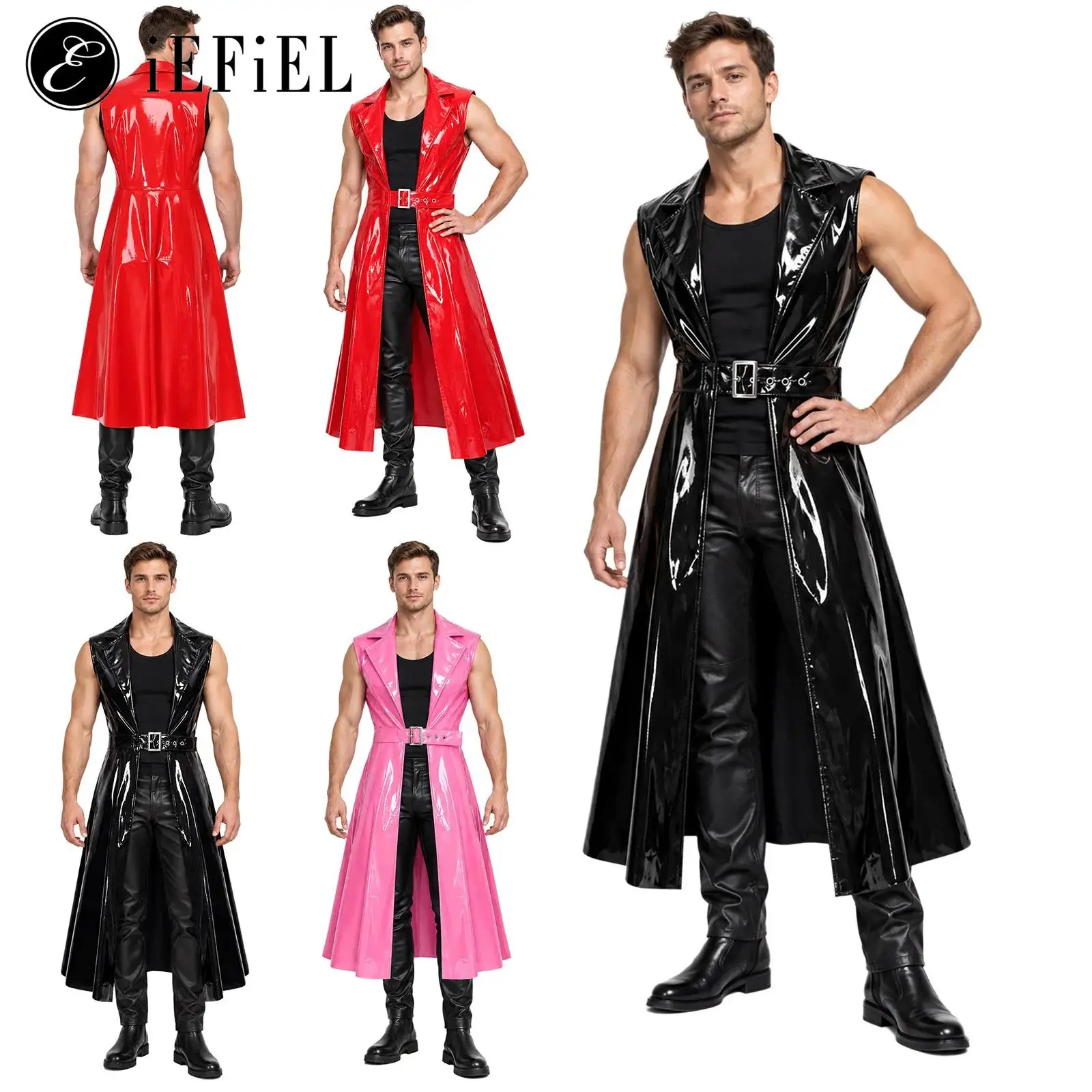 Men Shiny PU Punk Long Trench Coat Sleeveless Open Front Maxi Waistcoat with Adjustable Buckle Rave Party Club Dancewear