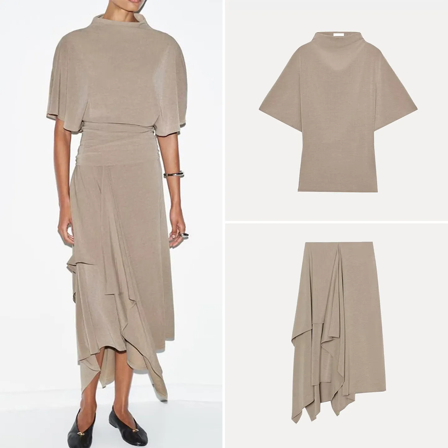 

Women's Spring Fashion Asymmetrical Hem Long Sleeve T-Shirt And Midi Skirt Two-Piece Set Drapey Half High Collar Outfit