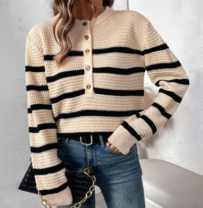 

Women's Sweater Casual 2024 Winter Fashion Round Neck Button Front Contrast Striped Long Sleeve Loose Fit Knitted Sweater