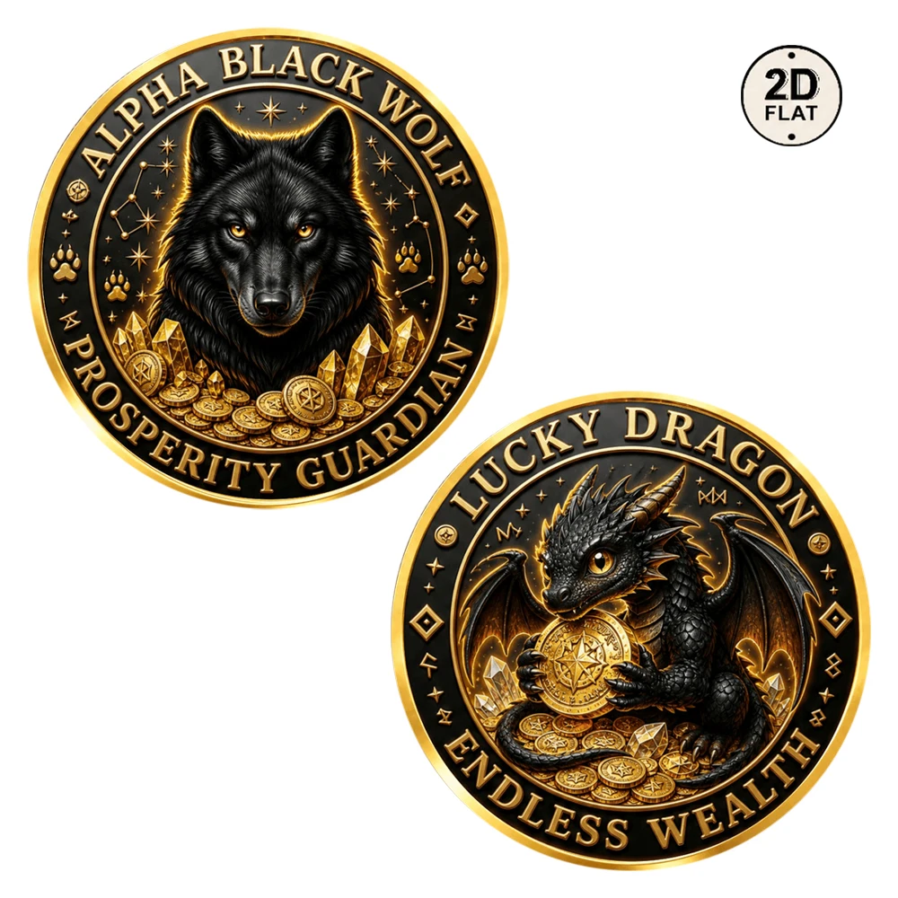 1pc Alpha Black Wolf Lucky Dragon Commemorative Coin 2D Print Prosperity Guardian Endless Wealth Souvenir Coin Good Luck Items