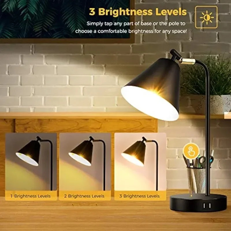 Dimmable Desk Lamp with 2 USB Charging Ports AC Outlet, Touch Control Bedside Nightstand Reading Lamp Flexible Head, Table Lamp