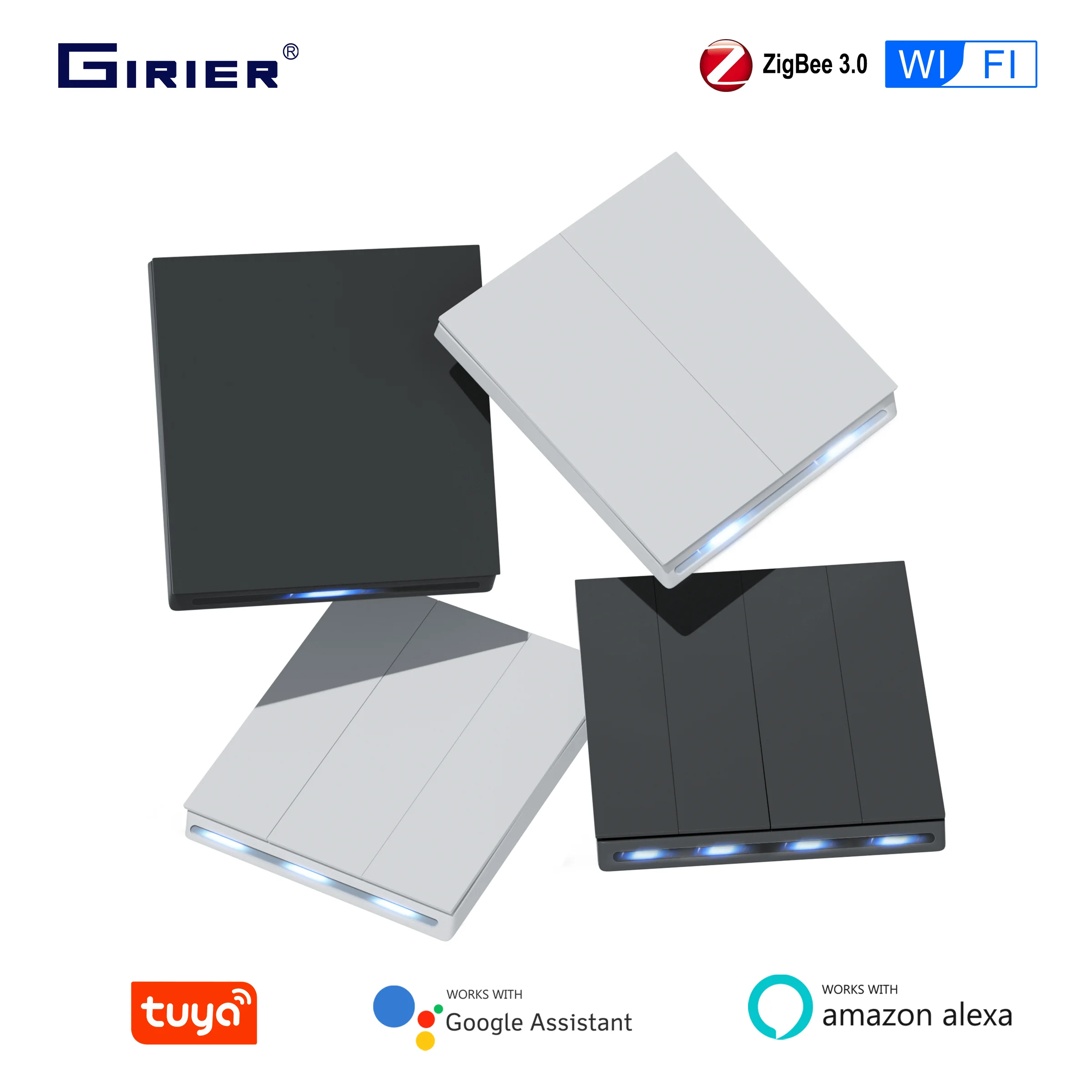

GIRIER Tuya Smart ZigBee Настенный выключатель Wi-Fi Смарт-кнопка Выключатель света 1/2/3/4 Gang Конденсатор не требуется работает с Alexa Hey Google